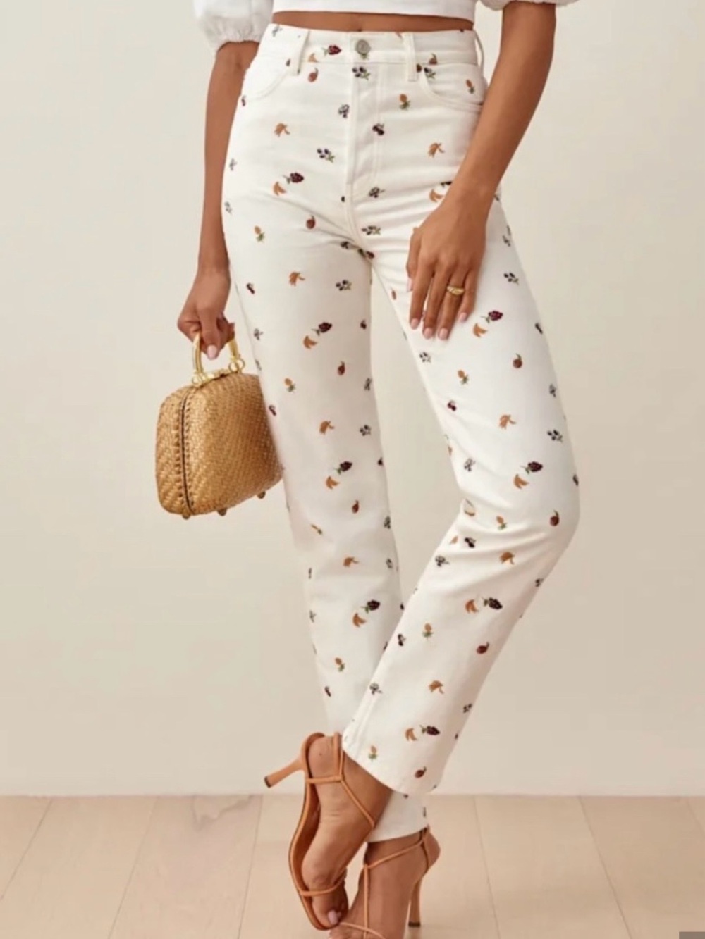 Reformation Cynthia Fruit Loops Cream Embroidered High-Rise Jeans - Women